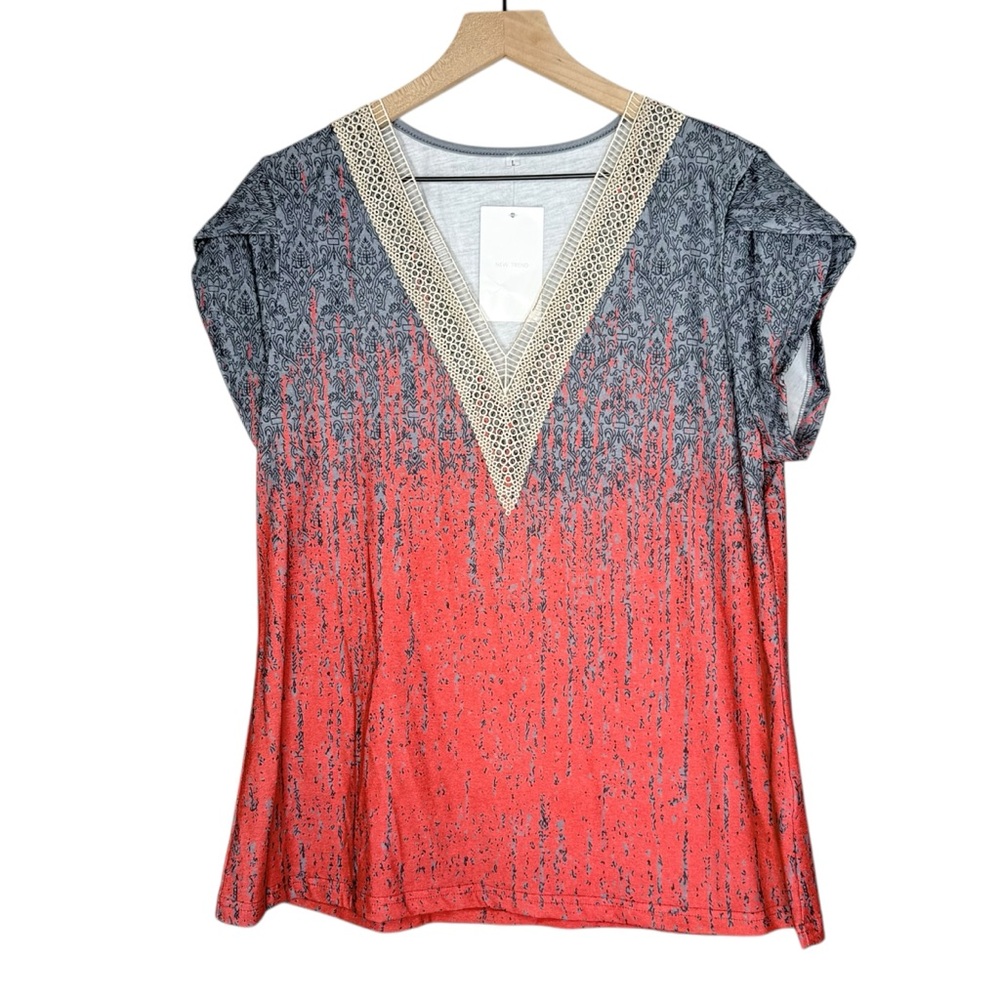 NWT Summer V-Neck Lace Top Short Sleeve T-Shirt Loose Print Blouse Trendy sz L